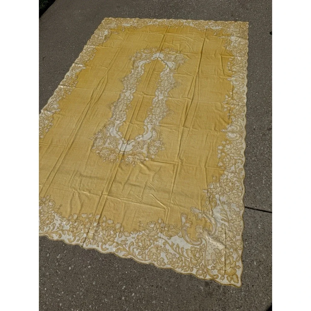 Vintage Mustard Yellow 90x60 Vinyl/Oil Cloth Backing Damask Table Cloth 1950-70